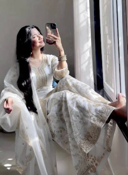 White Tissue Silk Embroidered Plazzo Set with Heavy 3mm Sequins, Coding Dori & Moti Hand Work – Fancy Sleeves, Full Stitched