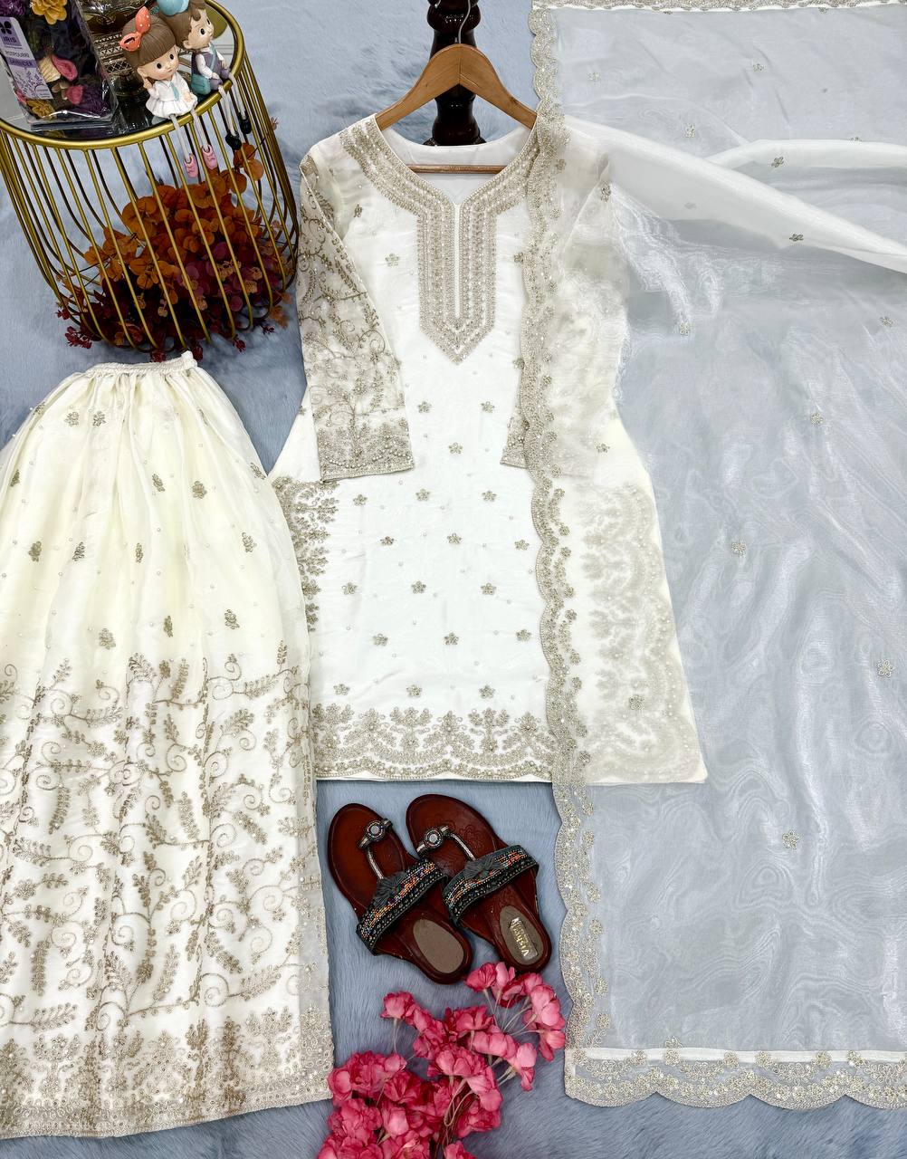 White Tissue Silk Embroidered Plazzo Set with Heavy 3mm Sequins, Coding Dori & Moti Hand Work – Fancy Sleeves, Full Stitched