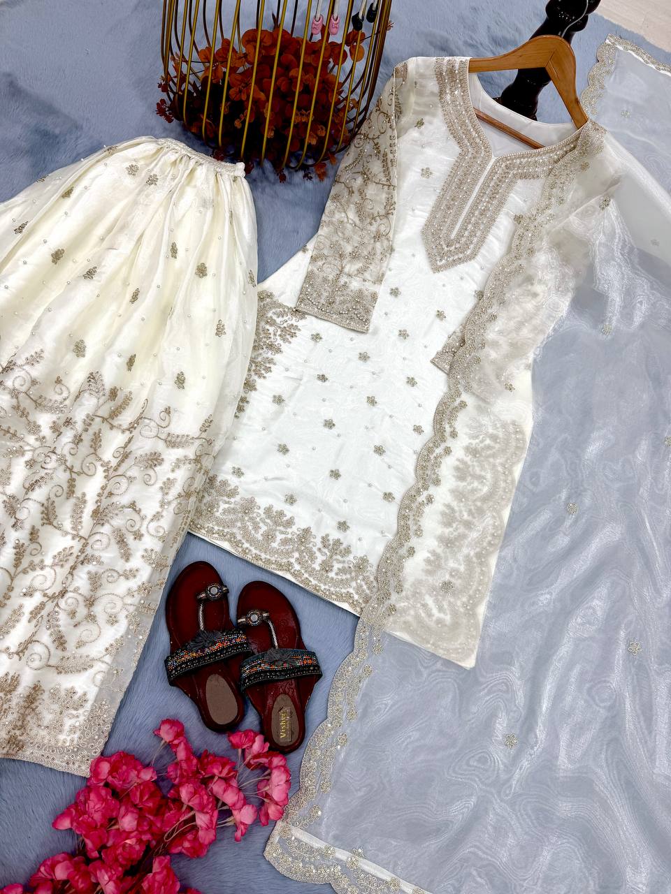 White Tissue Silk Embroidered Plazzo Set with Heavy 3mm Sequins, Coding Dori & Moti Hand Work – Fancy Sleeves, Full Stitched