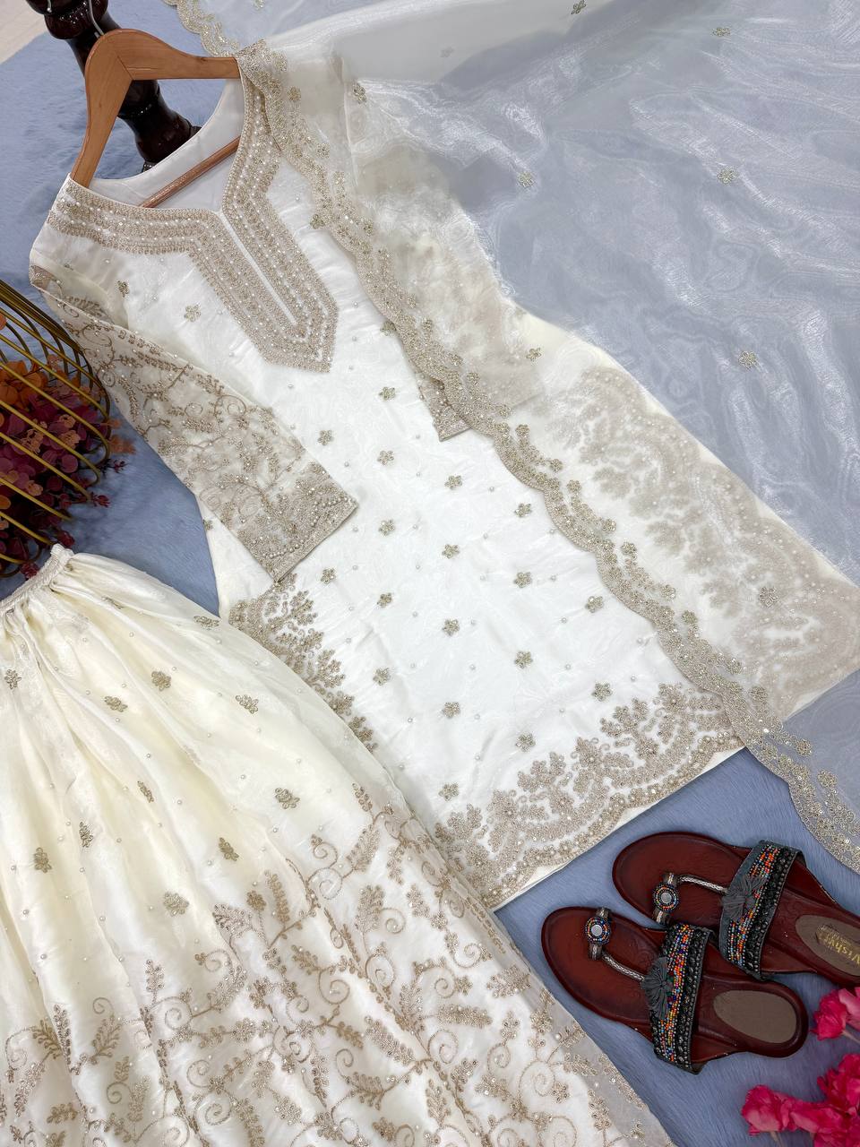 White Tissue Silk Embroidered Plazzo Set with Heavy 3mm Sequins, Coding Dori & Moti Hand Work – Fancy Sleeves, Full Stitched