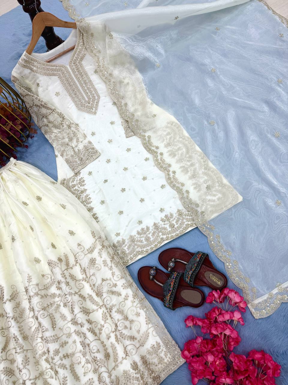 White Tissue Silk Embroidered Plazzo Set with Heavy 3mm Sequins, Coding Dori & Moti Hand Work – Fancy Sleeves, Full Stitched