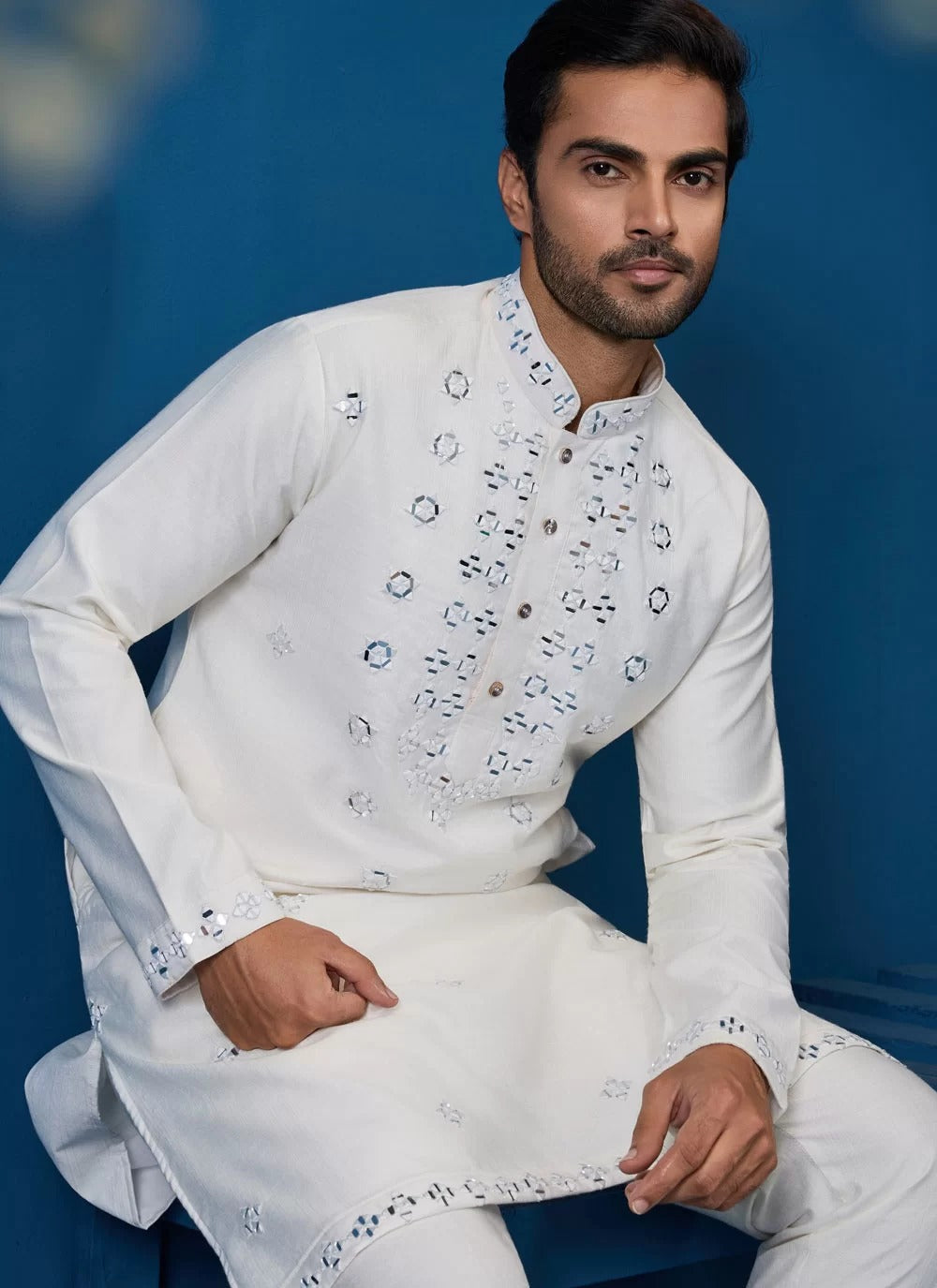 Elegant white viscose silk mirror work men s kurta pyjama set