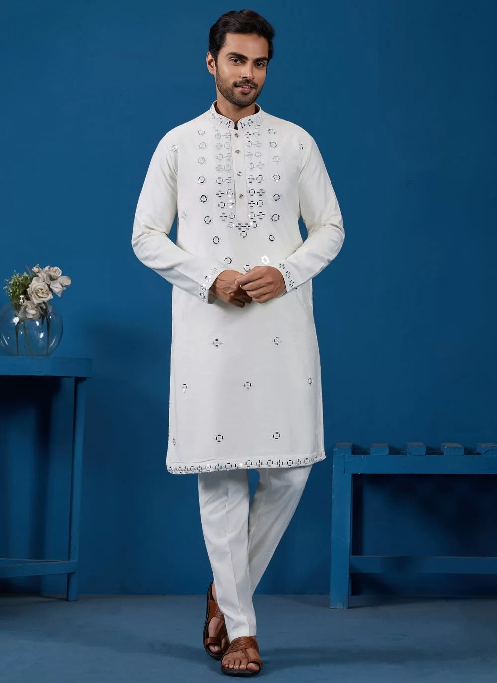 Elegant white viscose silk mirror work men s kurta pyjama set
