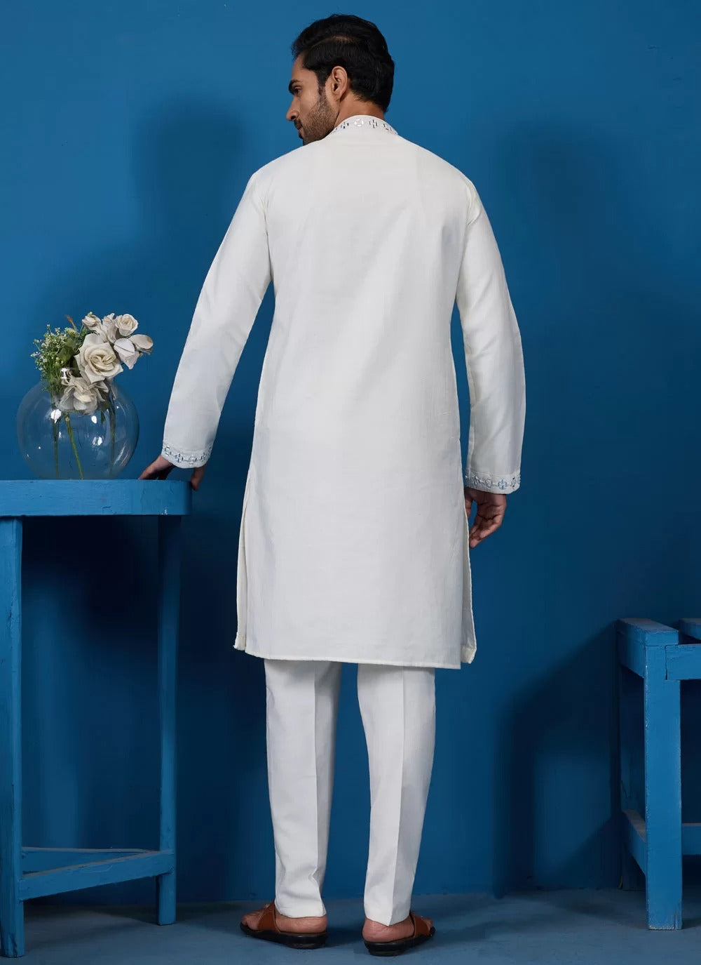 Elegant white viscose silk mirror work men s kurta pyjama set