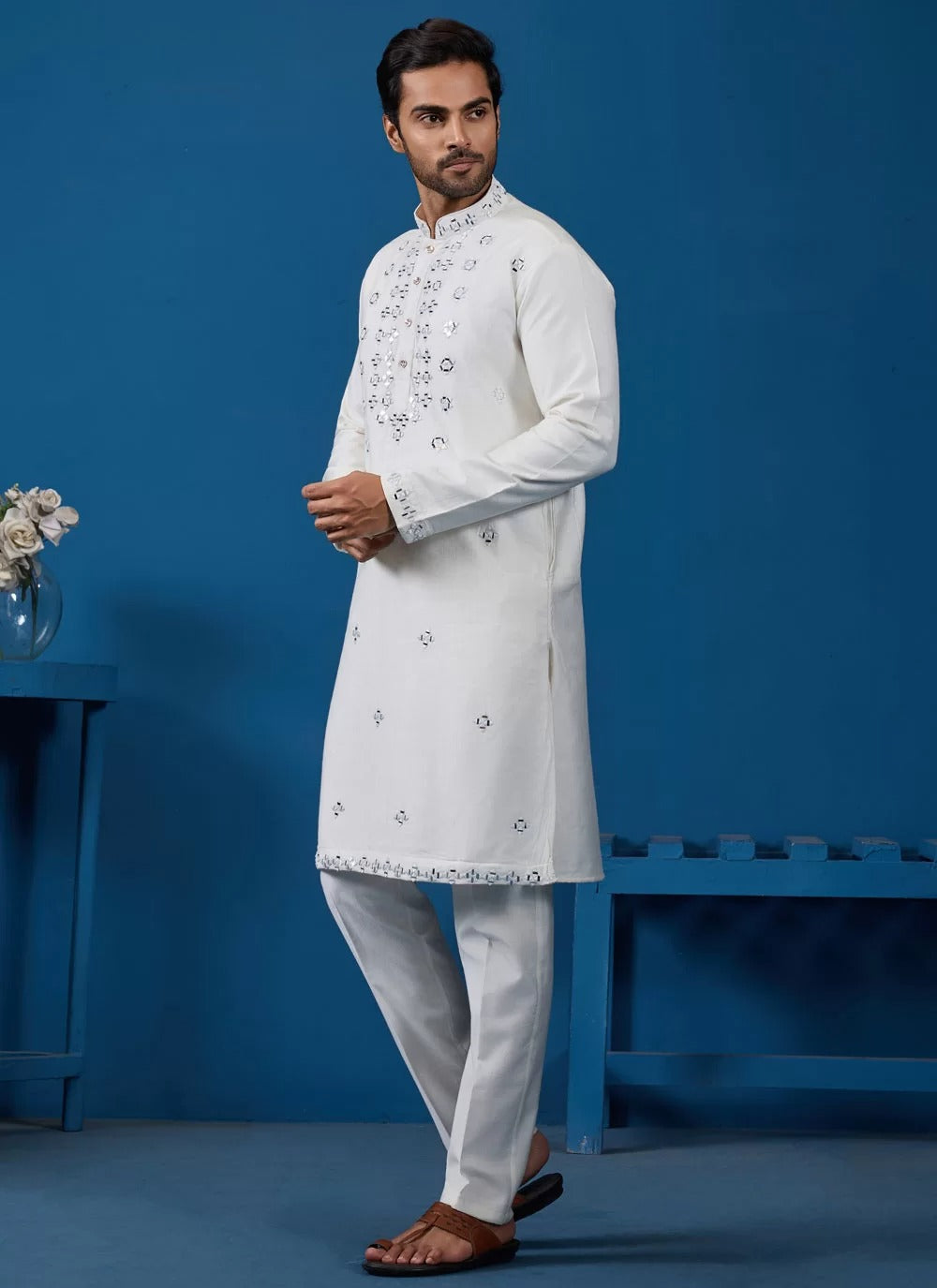 Elegant white viscose silk mirror work men s kurta pyjama set