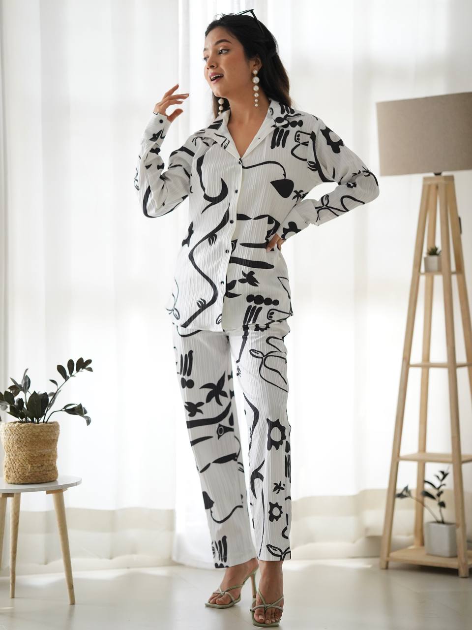 White With Black Floral Co-Ord Set
