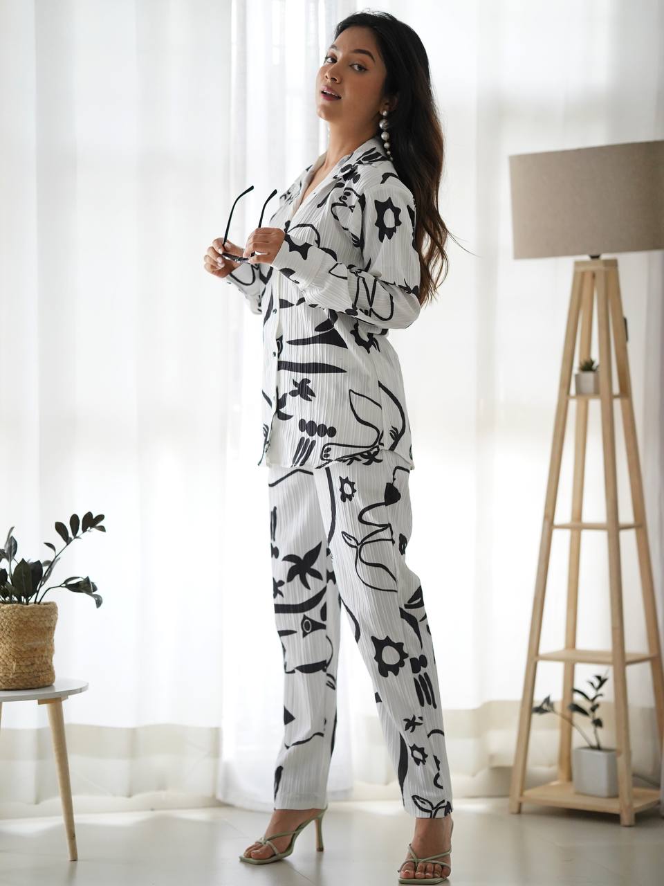 White With Black Floral Co-Ord Set