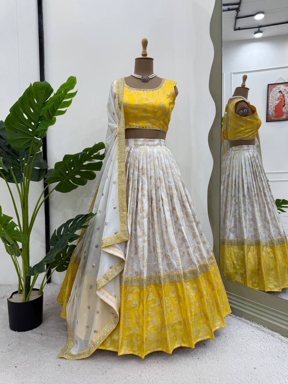 White & Yellow Glamorous Jequrd Semi-Stitched Lehenga Set with Sequins & Coding Work