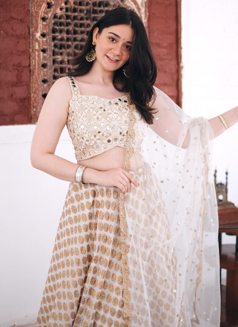 White Zari Mirror work Festive Flared Ruffle Lehenga Choli