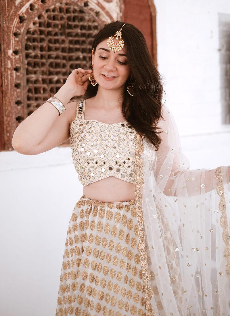 White Zari Mirror work Festive Flared Ruffle Lehenga Choli