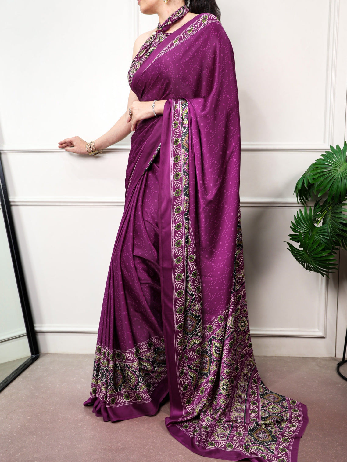 Wine Ajrakh Print Satin Silk Saree