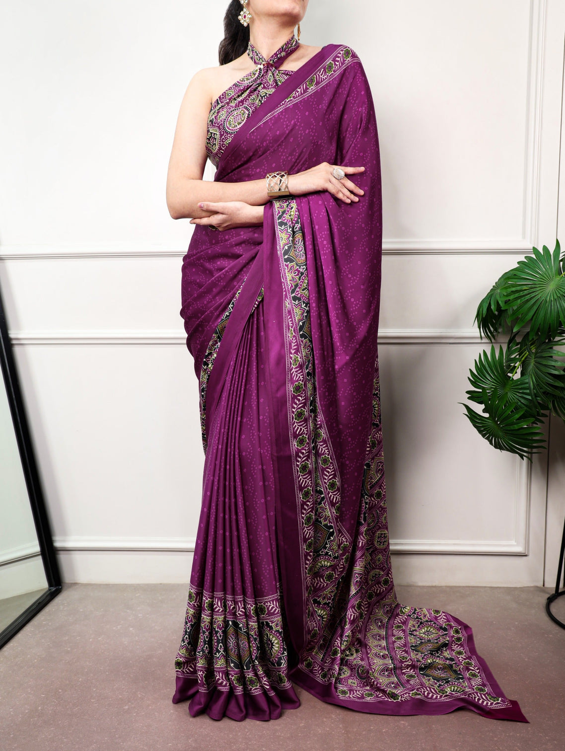 Wine Ajrakh Print Satin Silk Saree