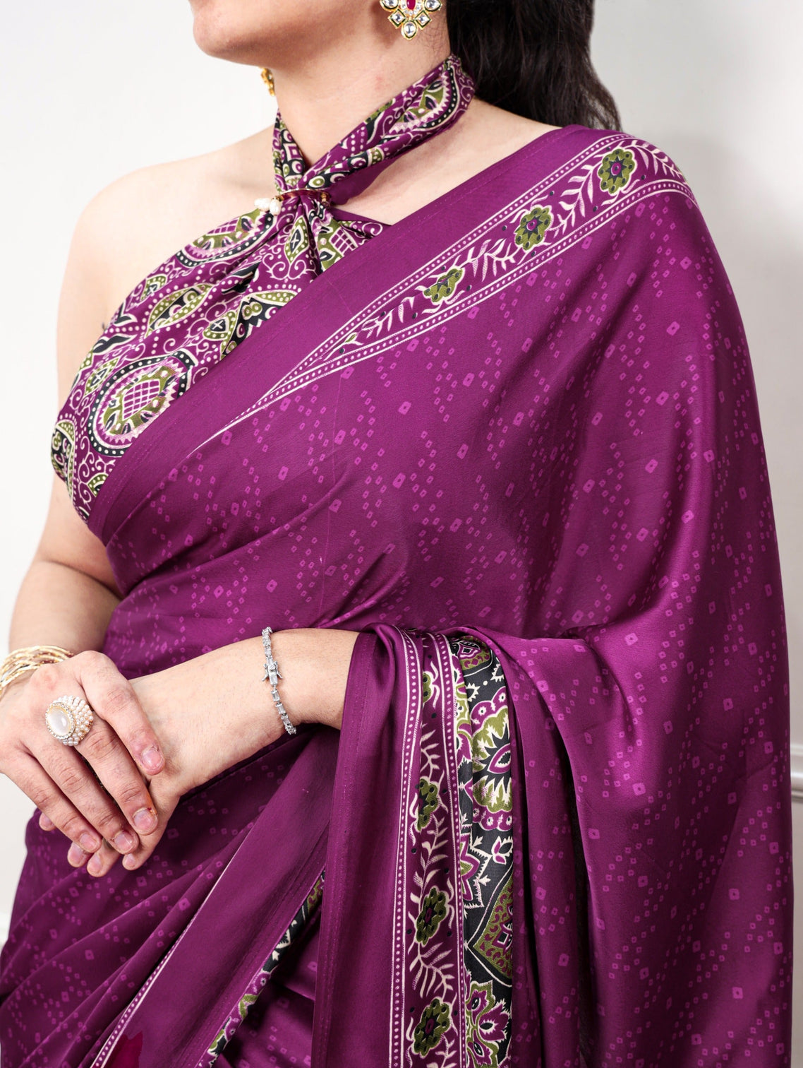 Wine Ajrakh Print Satin Silk Saree