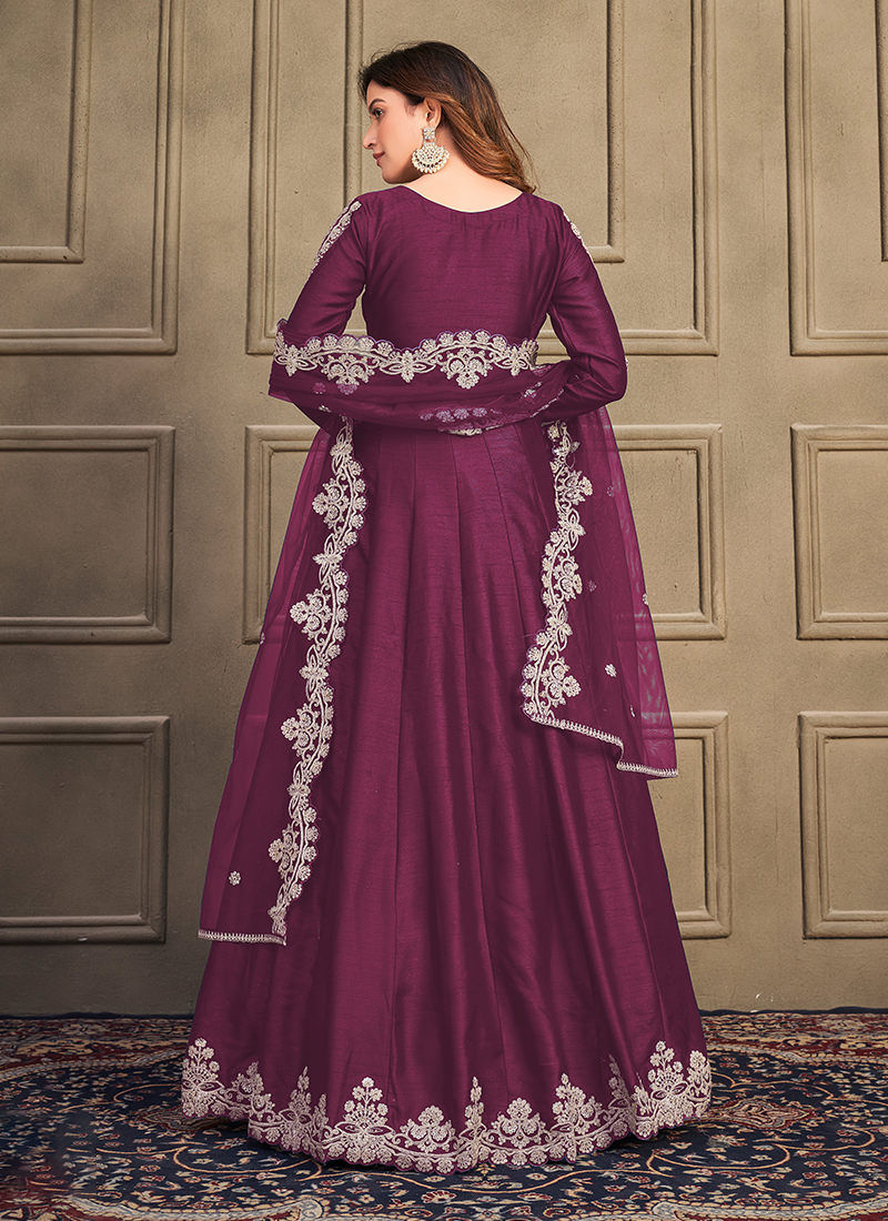 Wine art silk heavy embroidered anarkali for women