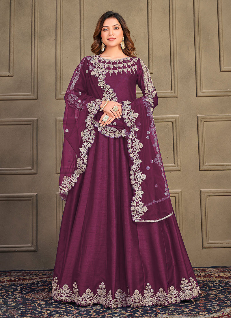 Wine art silk heavy embroidered anarkali for women