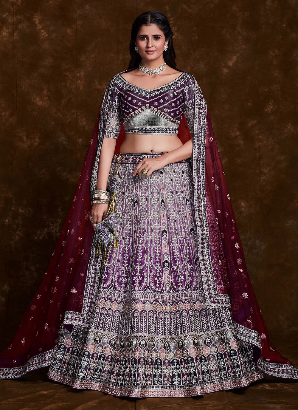 Wine Art Silk Lehenga with Elegant Thread, Zari & Zarkan Work