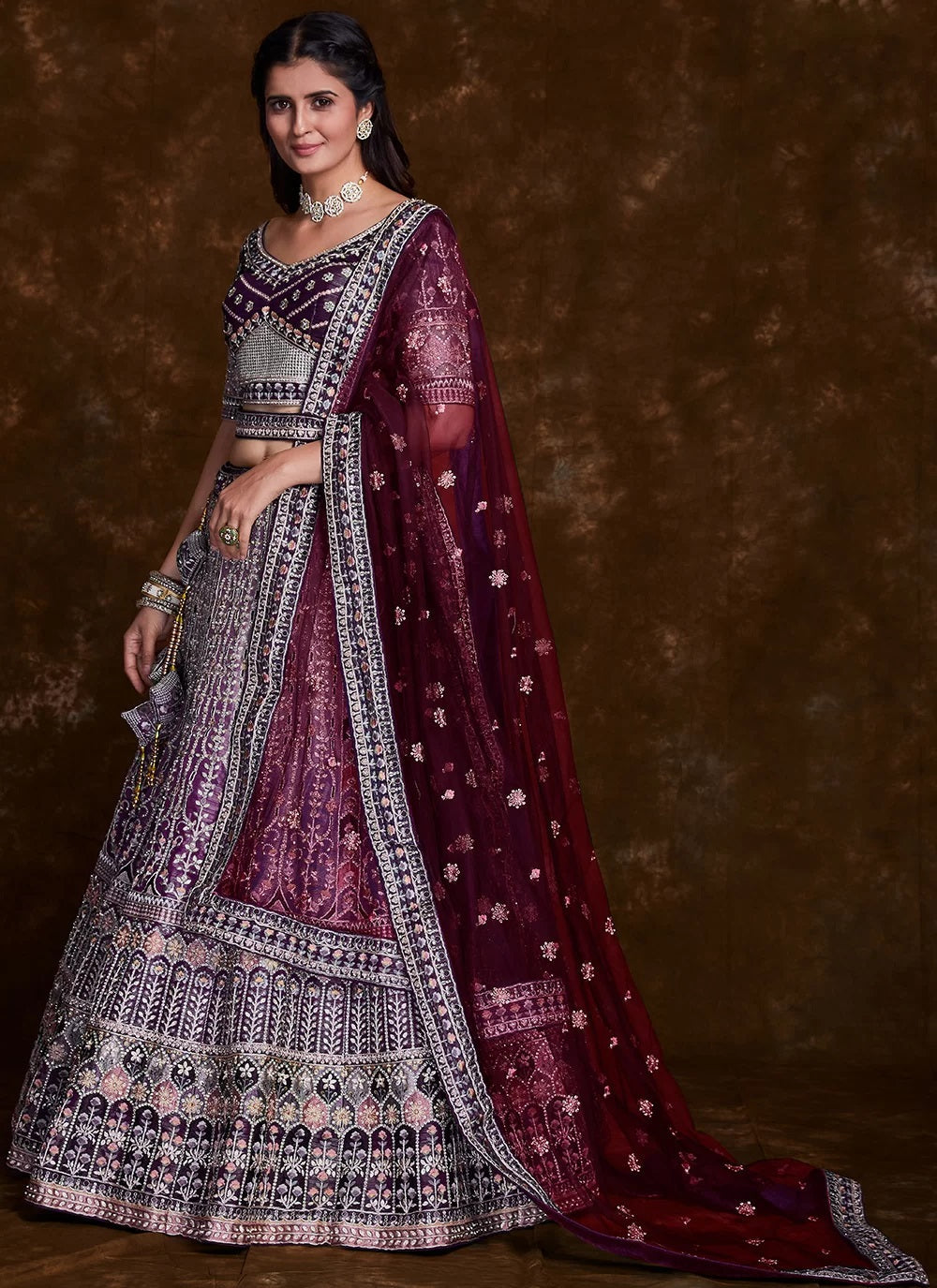 Wine Art Silk Lehenga with Elegant Thread, Zari & Zarkan Work