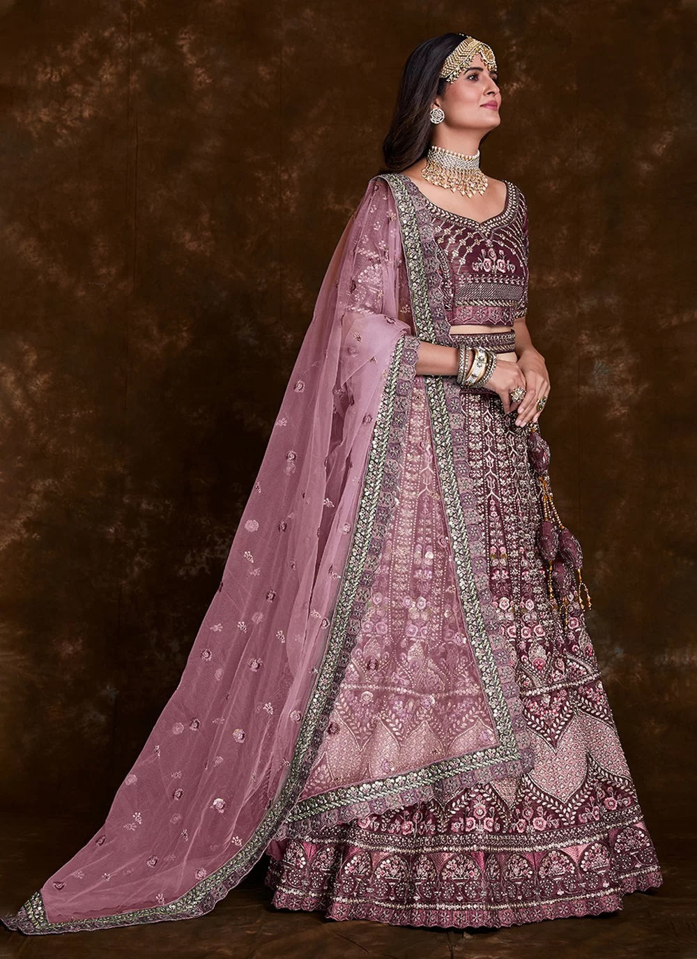 Wine Art Silk Thread, Zari, Sequins & Zarkan Work Bridal Lehenga