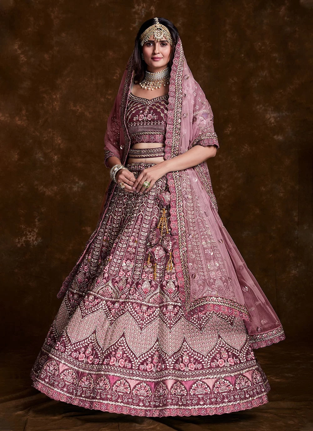 Wine Art Silk Thread, Zari, Sequins & Zarkan Work Bridal Lehenga