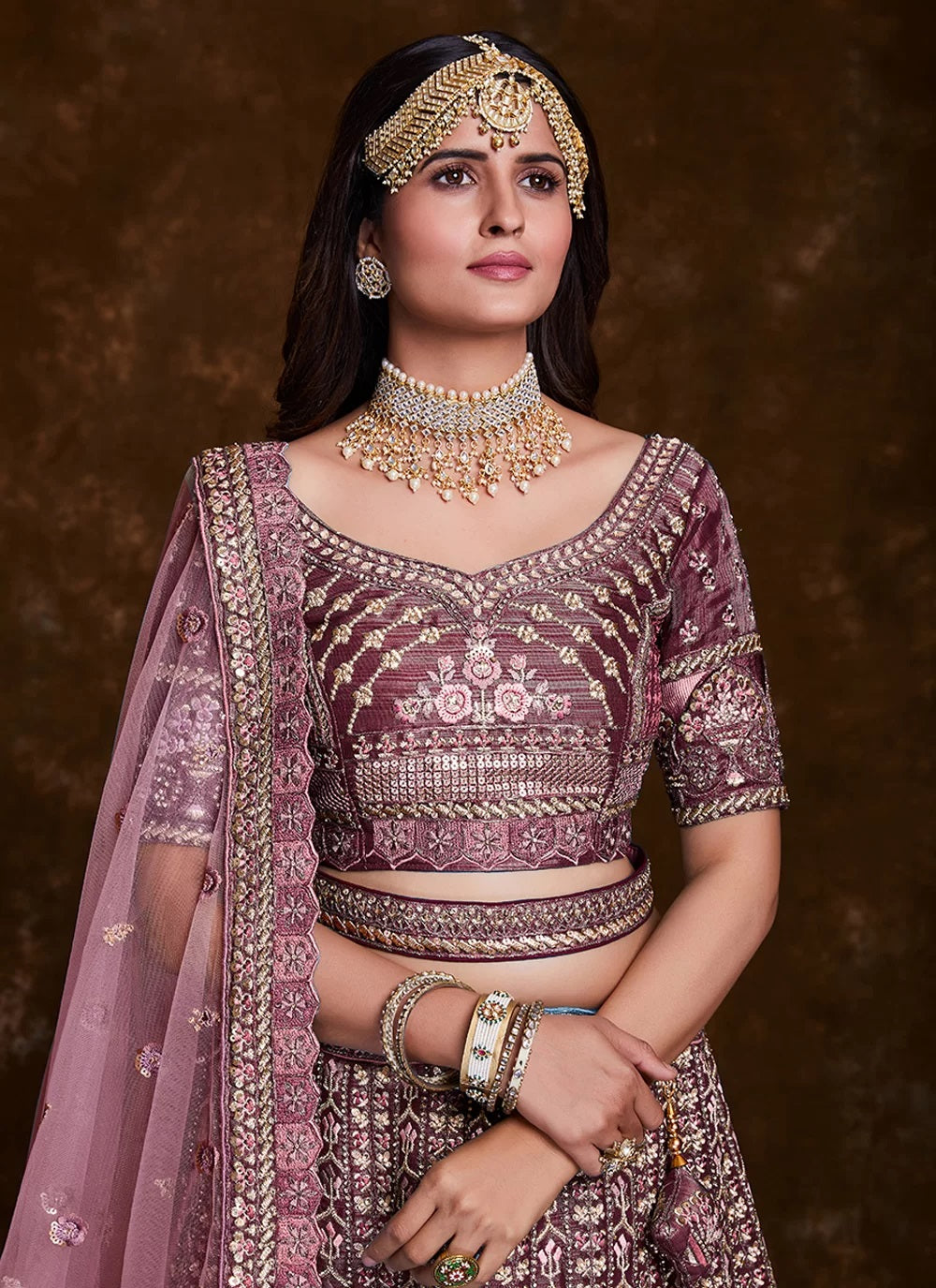 Wine Art Silk Thread, Zari, Sequins & Zarkan Work Bridal Lehenga