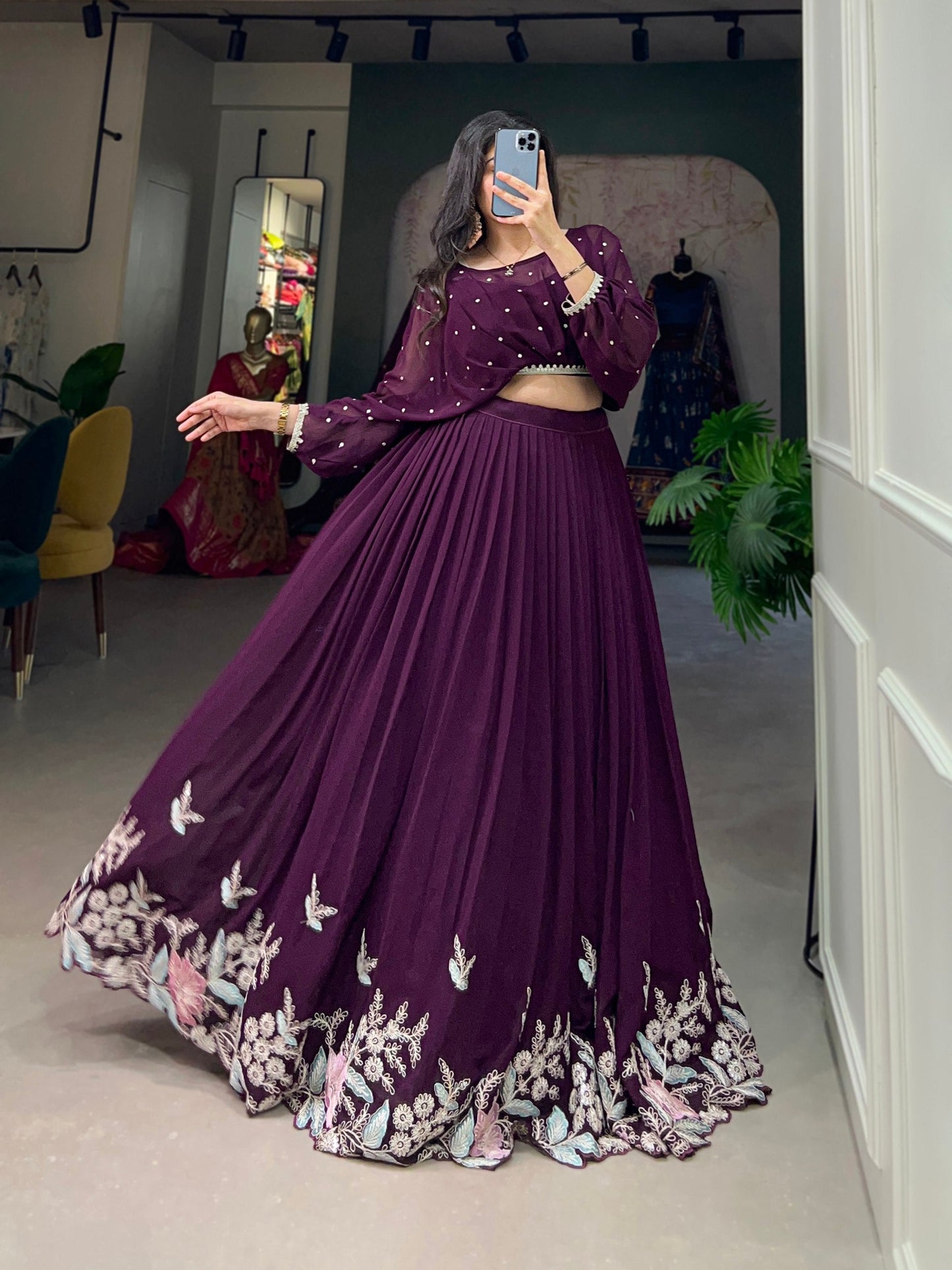 Wine Breathtaking Embroidered Georgette Lehenga Co-ord Set