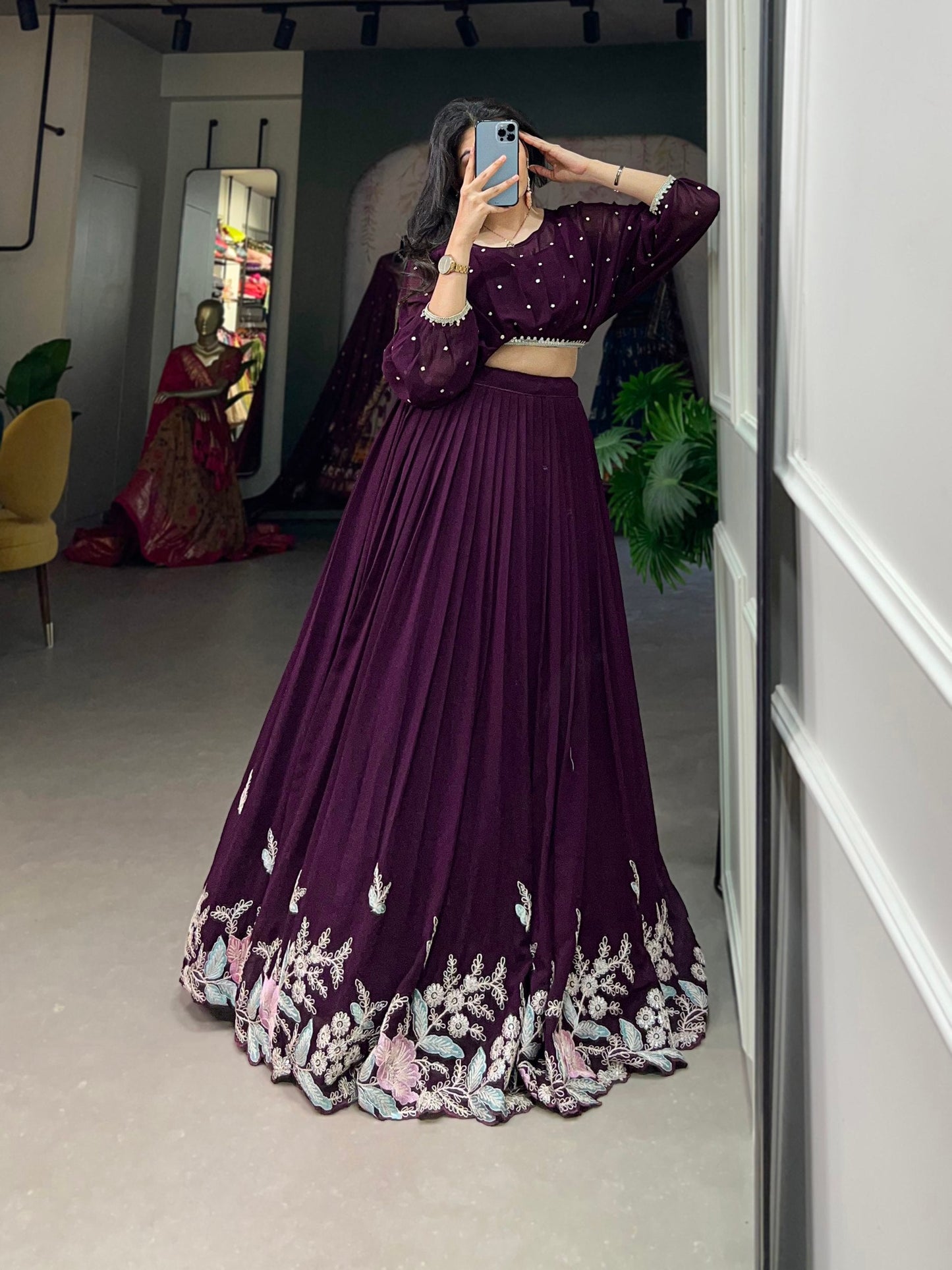 Wine Breathtaking Embroidered Georgette Lehenga Co-ord Set