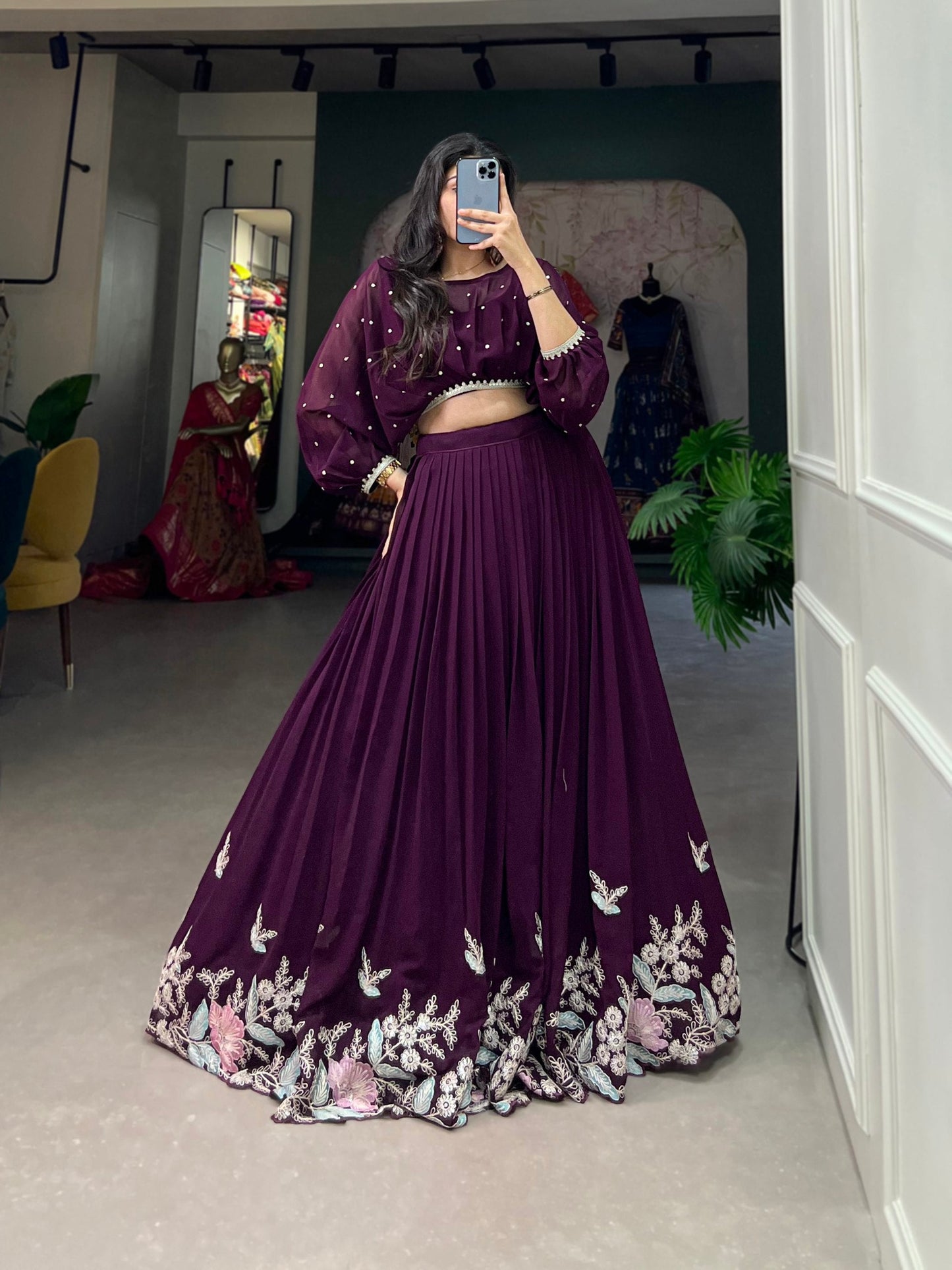 Wine Breathtaking Embroidered Georgette Lehenga Co-ord Set