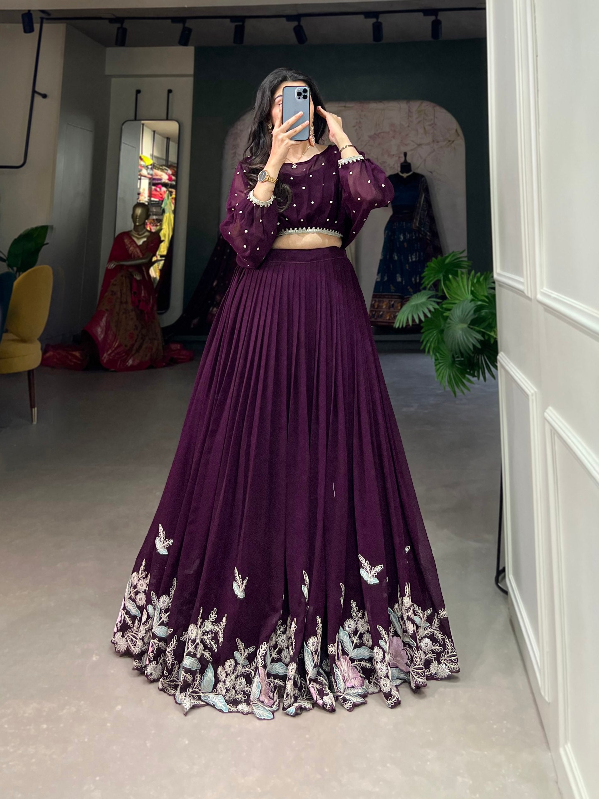 Wine Breathtaking Embroidered Georgette Lehenga Co-ord Set