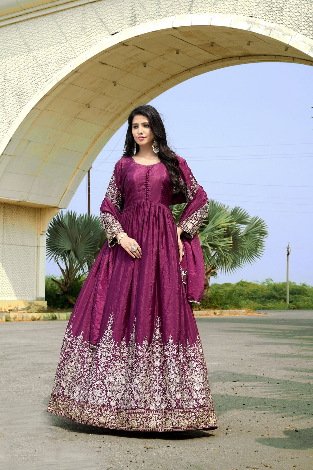 Wine Chinon Embroidered Gown