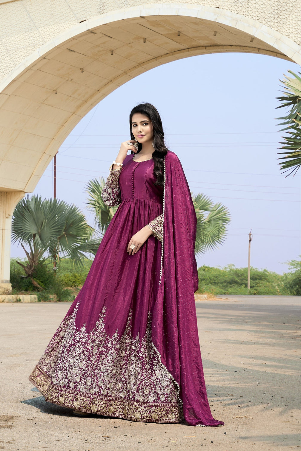 Wine Chinon Embroidered Gown