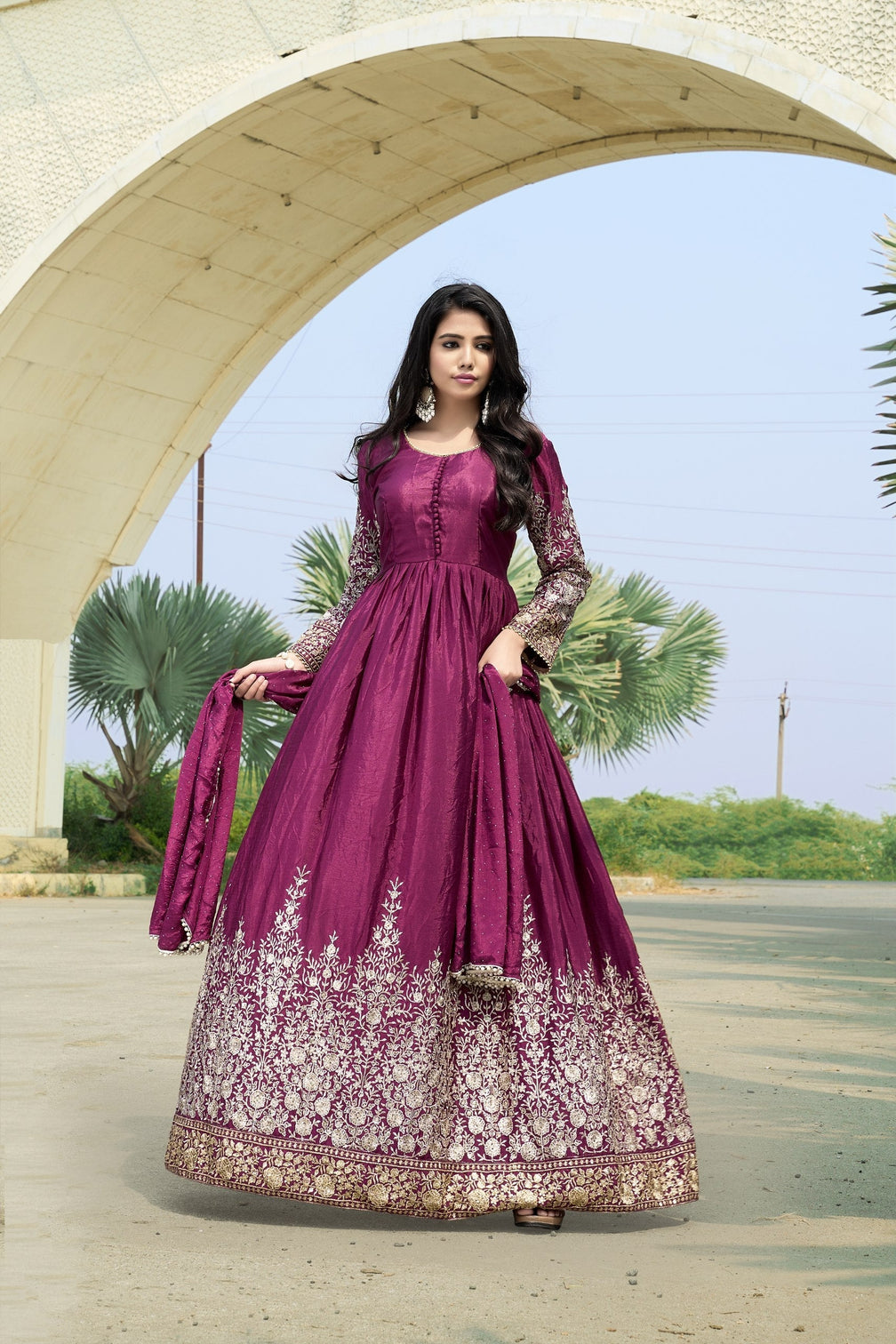 Wine Chinon Embroidered Gown