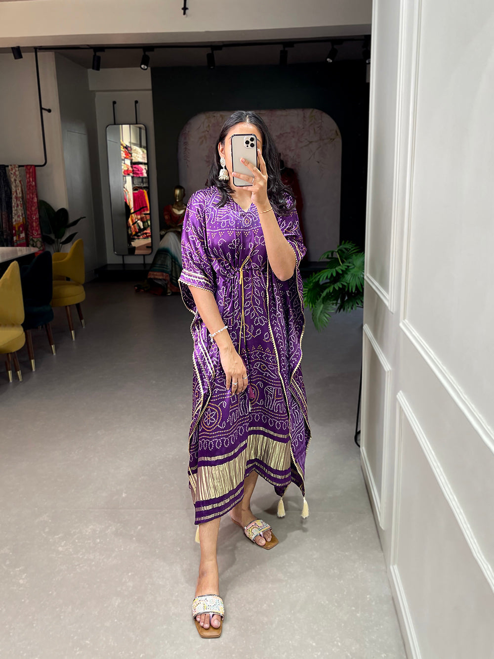Wine Color Bandhej Print With Gotta Patti Lace Border Gaji Silk Kaftan