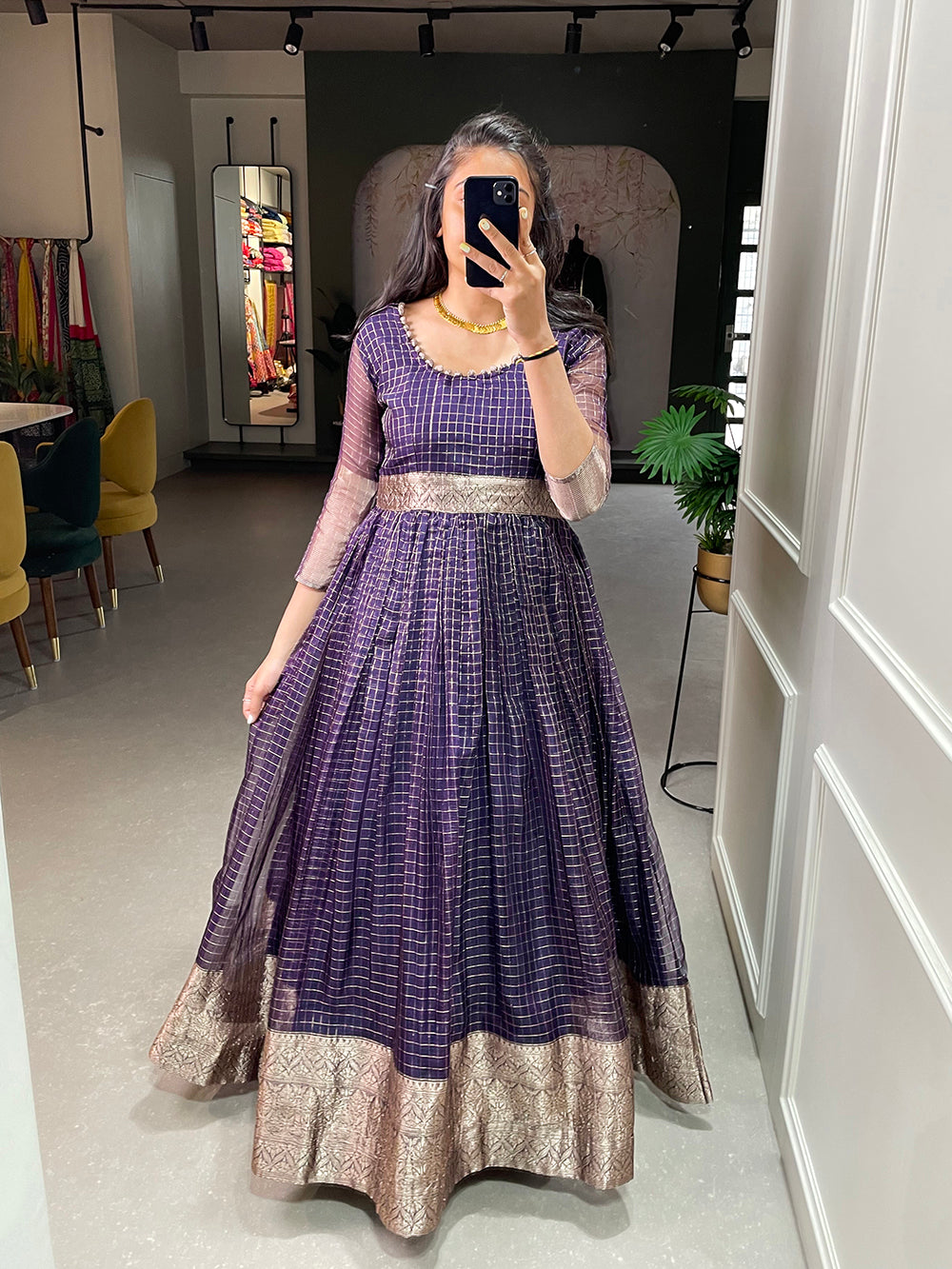 Wine Color Zari Weaving Work Organza Chex Gown