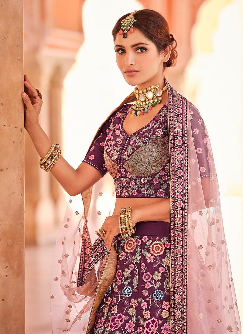 Wine Color Crepe Fabric Resham And Sequins Work Lehenga Choli