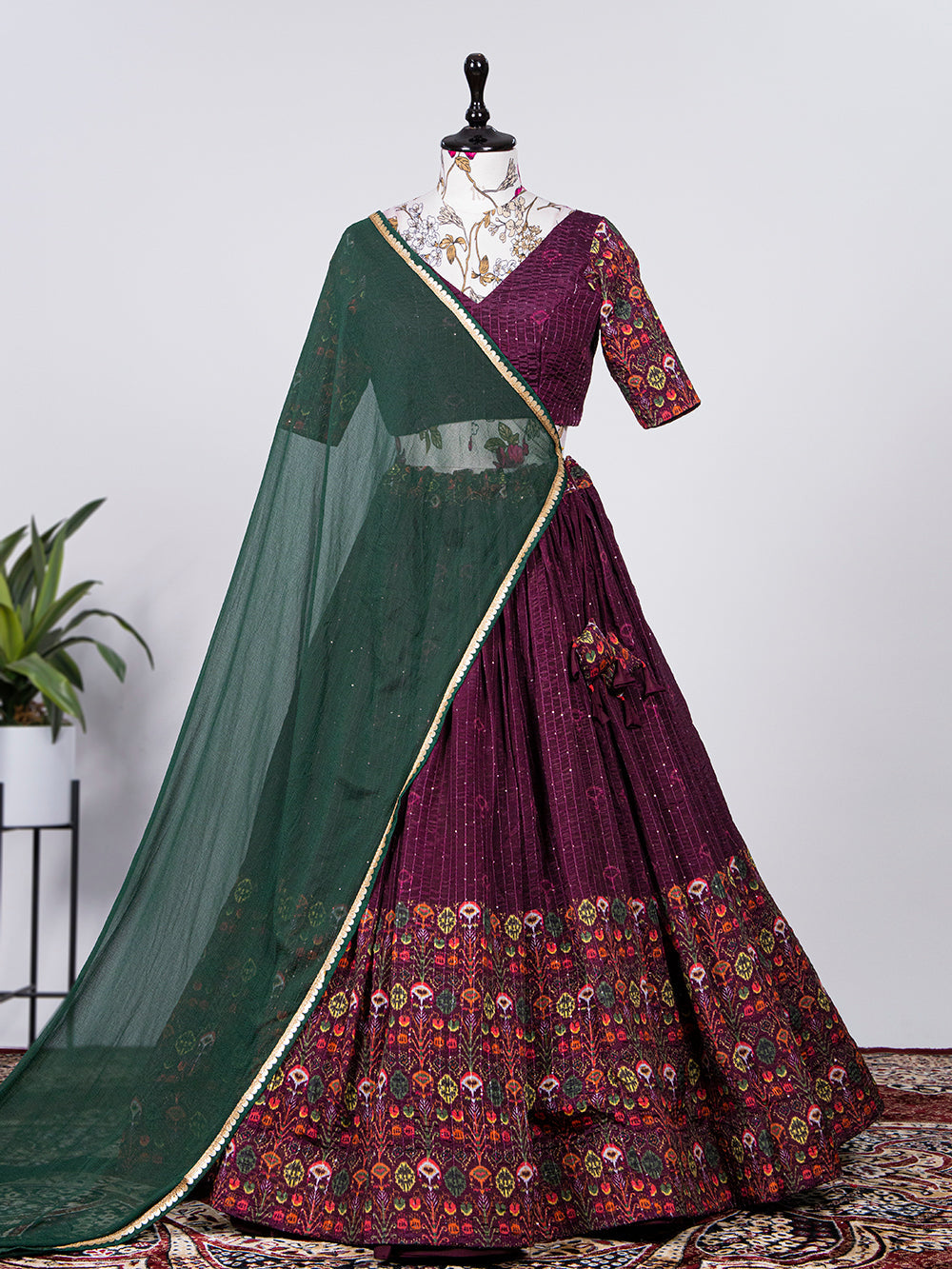 Wine Color Crochet Work Chinon printed Lehenga