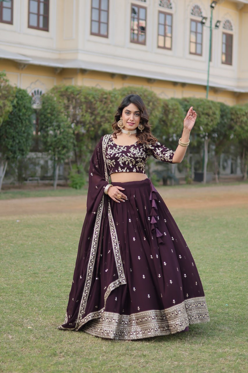 Wine Color Designer Faux Blooming Lehenga Choli Set with Dazzling Sequins