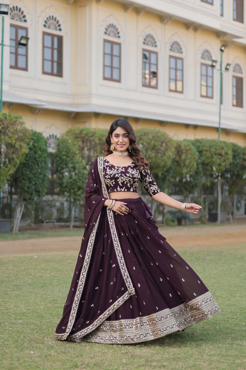 Wine Color Designer Faux Blooming Lehenga Choli Set with Dazzling Sequins
