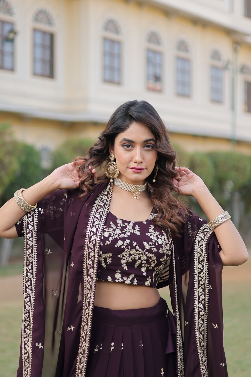 Wine Color Designer Faux Blooming Lehenga Choli Set with Dazzling Sequins
