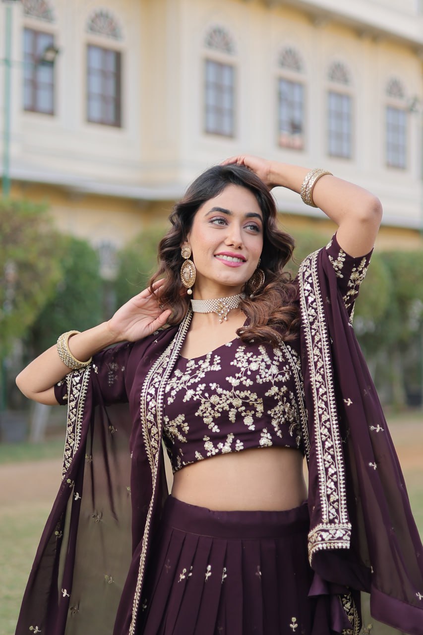 Wine Color Designer Faux Blooming Lehenga Choli Set with Dazzling Sequins
