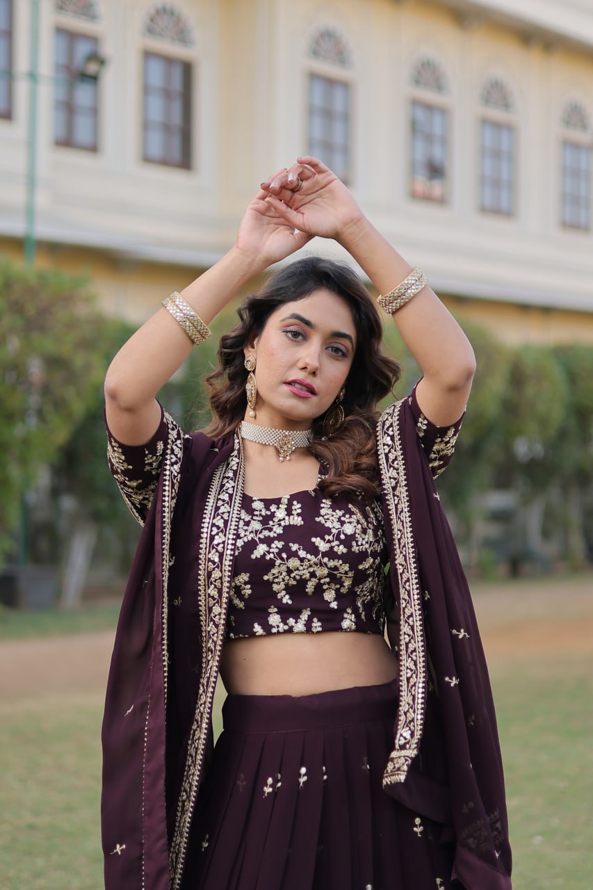 Wine Color Designer Faux Blooming Lehenga Choli Set with Dazzling Sequins