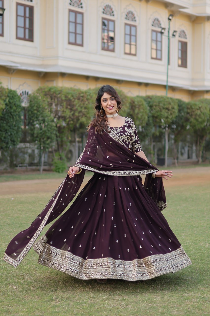 Wine Color Designer Faux Blooming Lehenga Choli Set with Dazzling Sequins