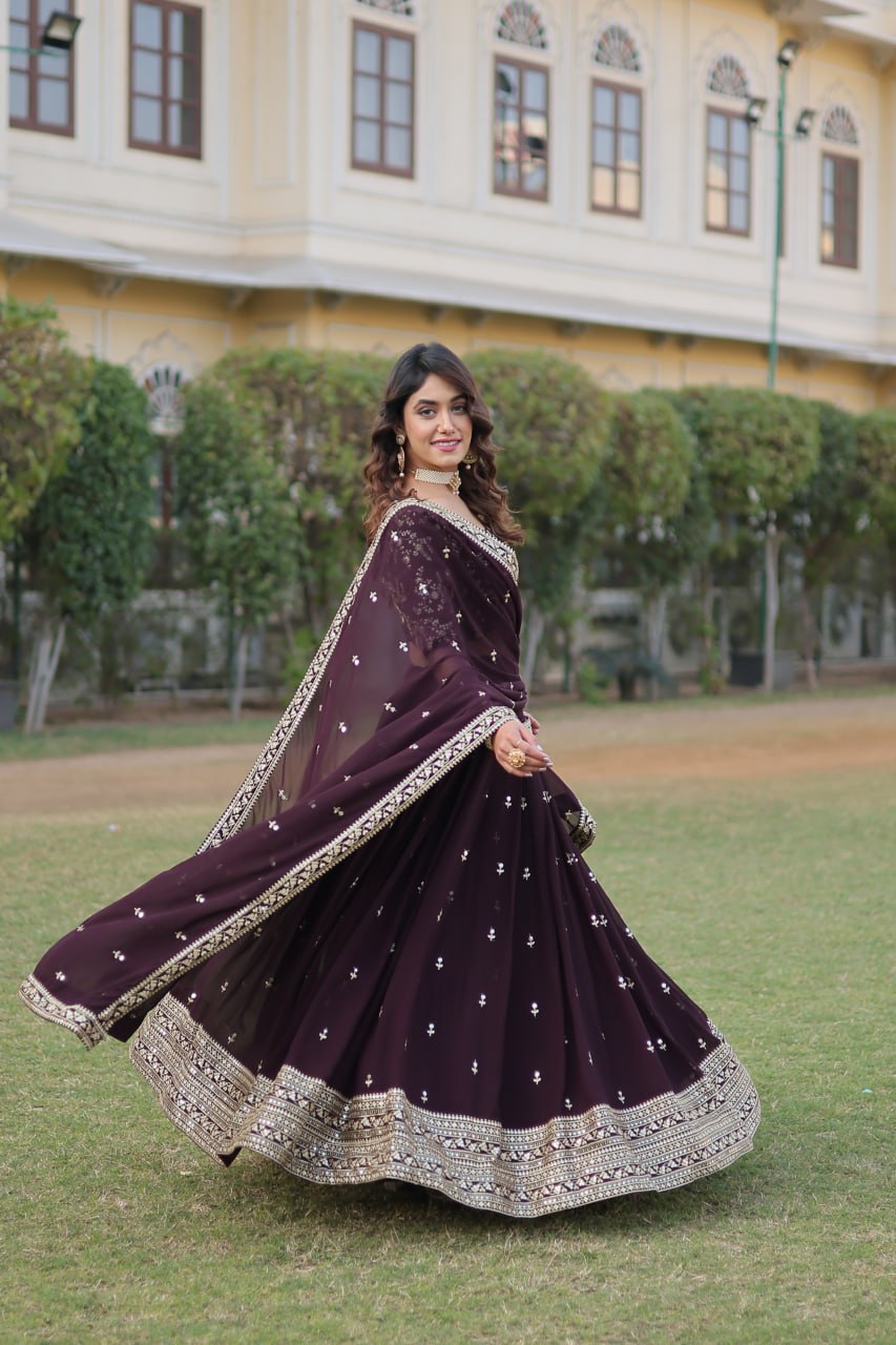 Wine Color Designer Faux Blooming Lehenga Choli Set with Dazzling Sequins
