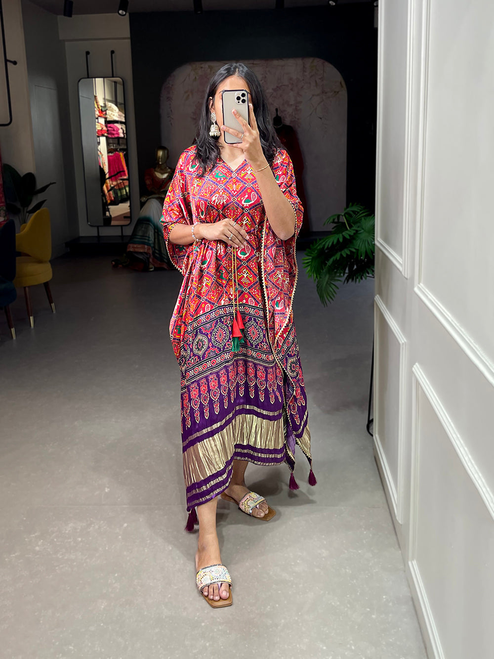 Wine Color Patola Printed Gaji Silk Kaftan