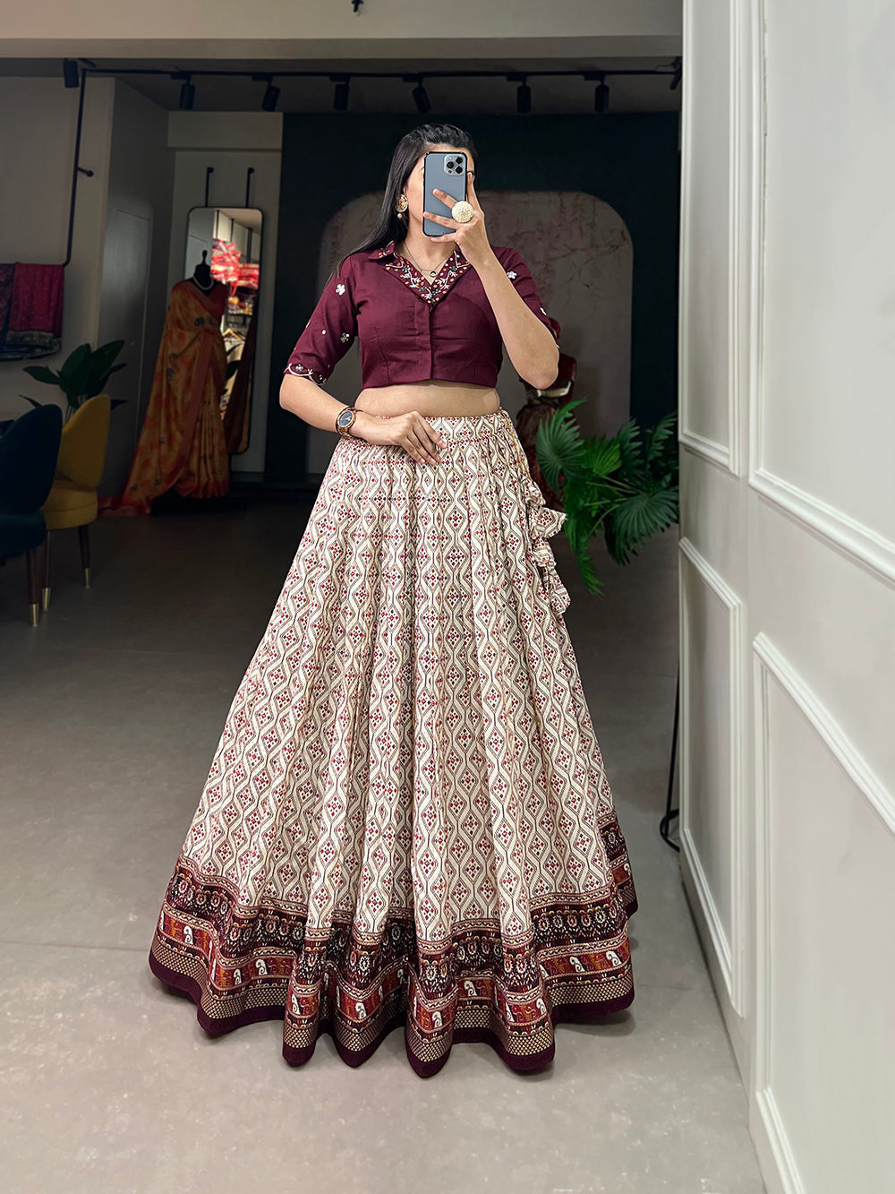 Wine Color Patola With Foil Print Rayon Cotton Co-ord Set Lehenga Choli