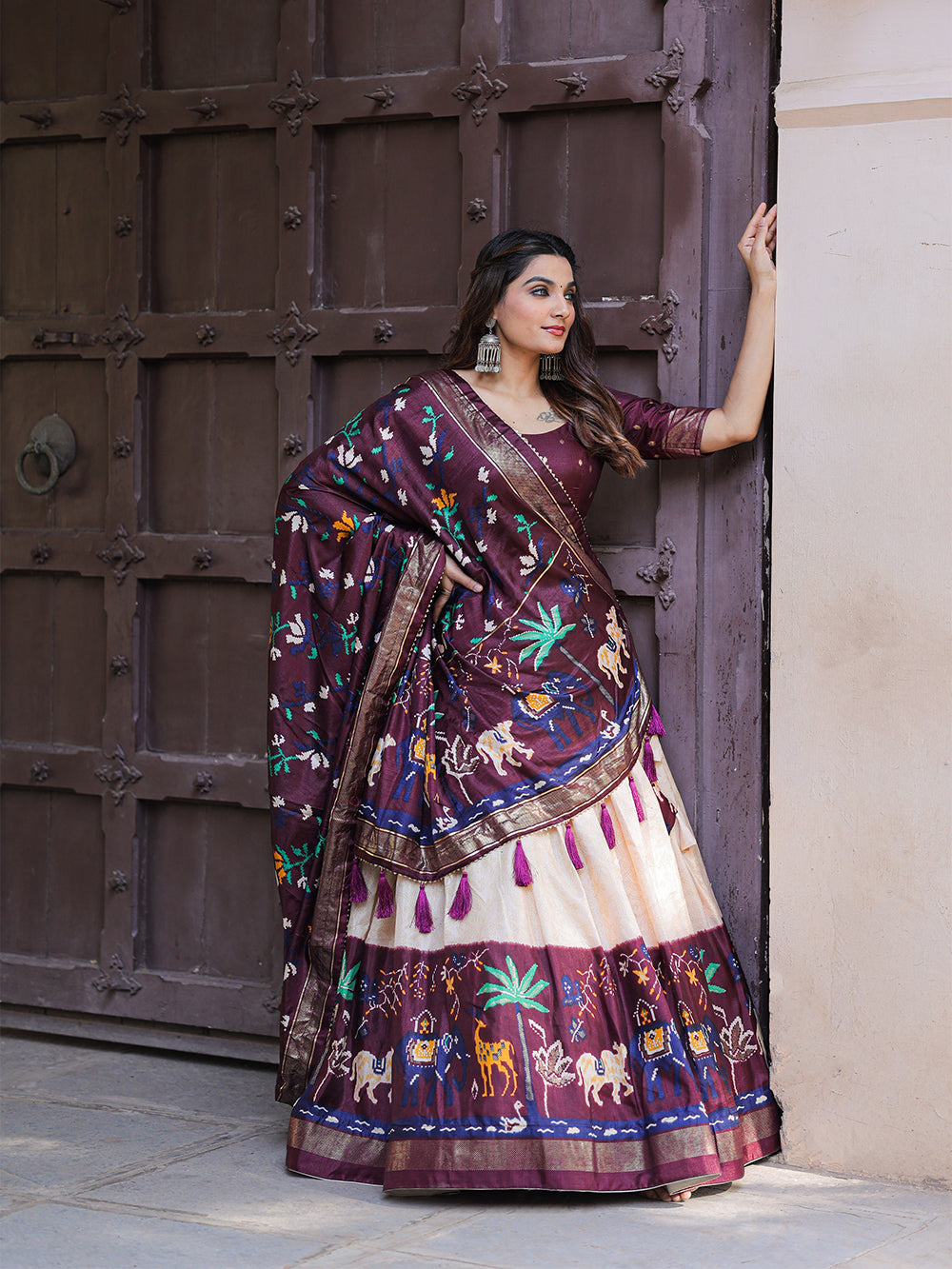 Wine Color Printed With Foil Work Dola Silk Lehenga Choli