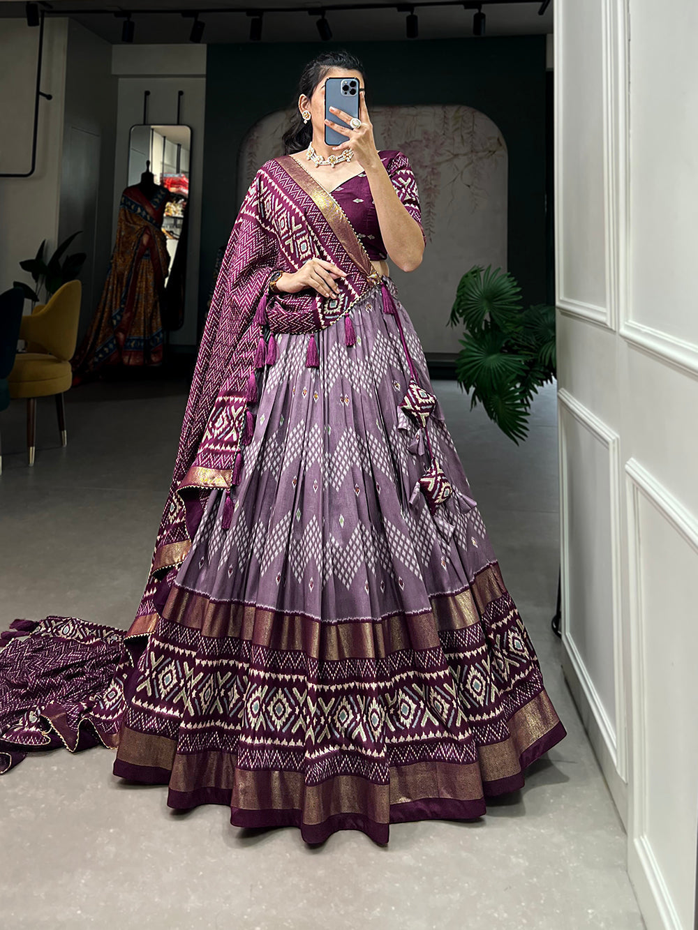 Wine Color Dot And Ikkat Print With Foil Work Tussar Silk Lehenga Choli