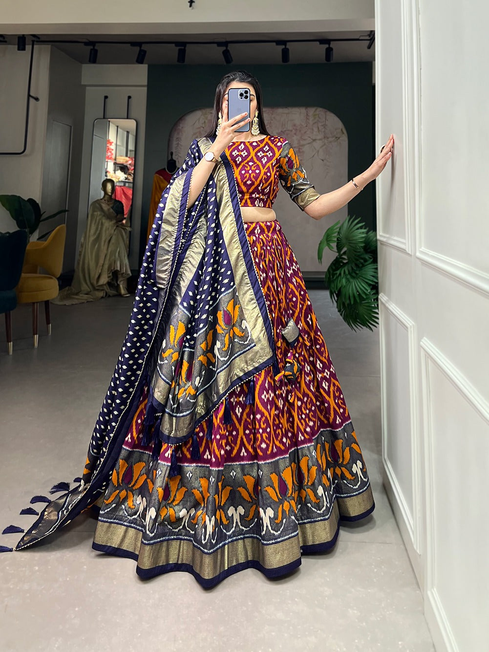 Wine Color Exuberant Dola Silk Lehenga Set with Stunning Foil Prints
