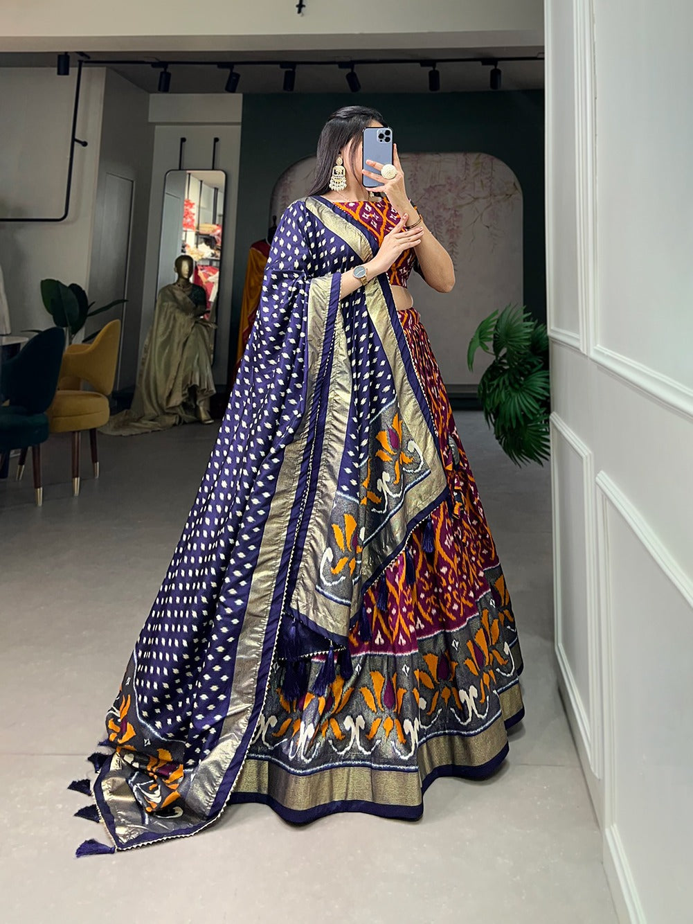 Wine Color Exuberant Dola Silk Lehenga Set with Stunning Foil Prints