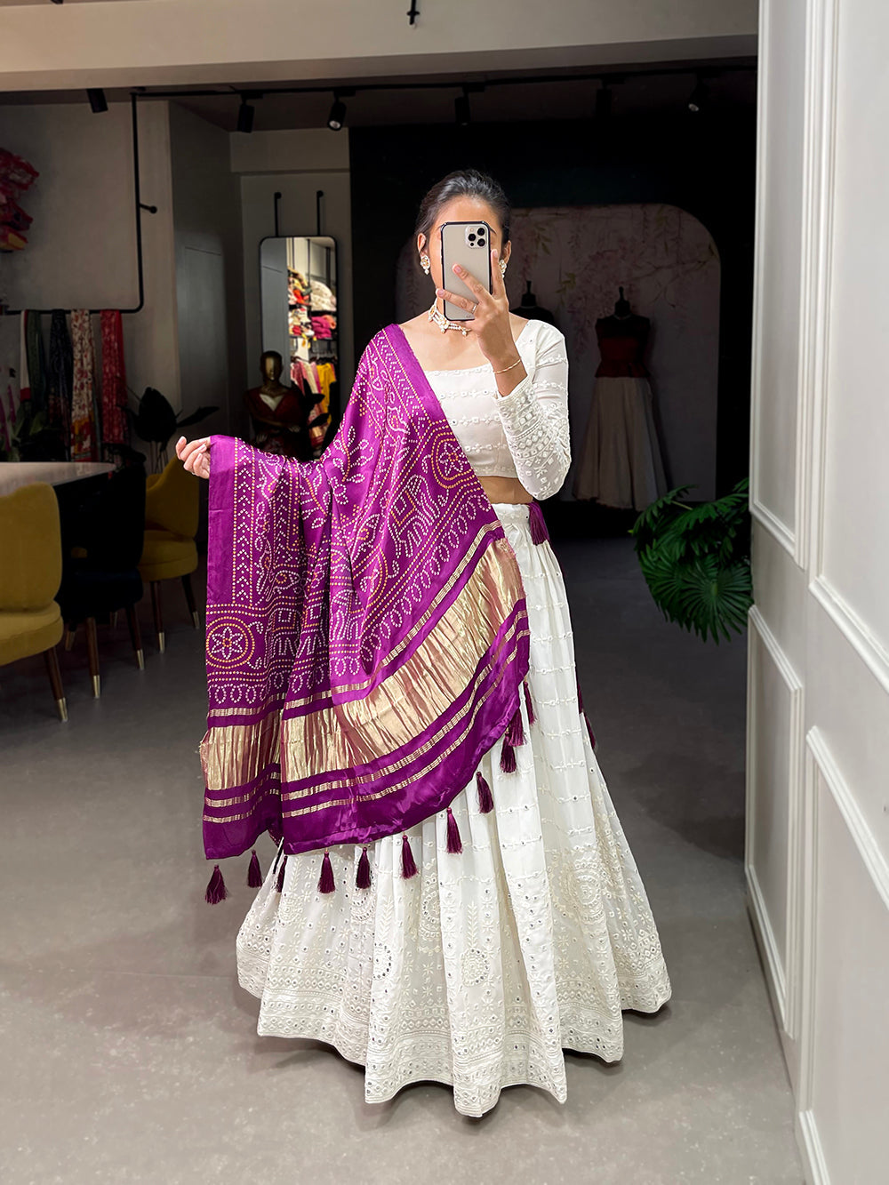 White Color Lucknowi Paper Mirror Work Georgette lehenga Choli