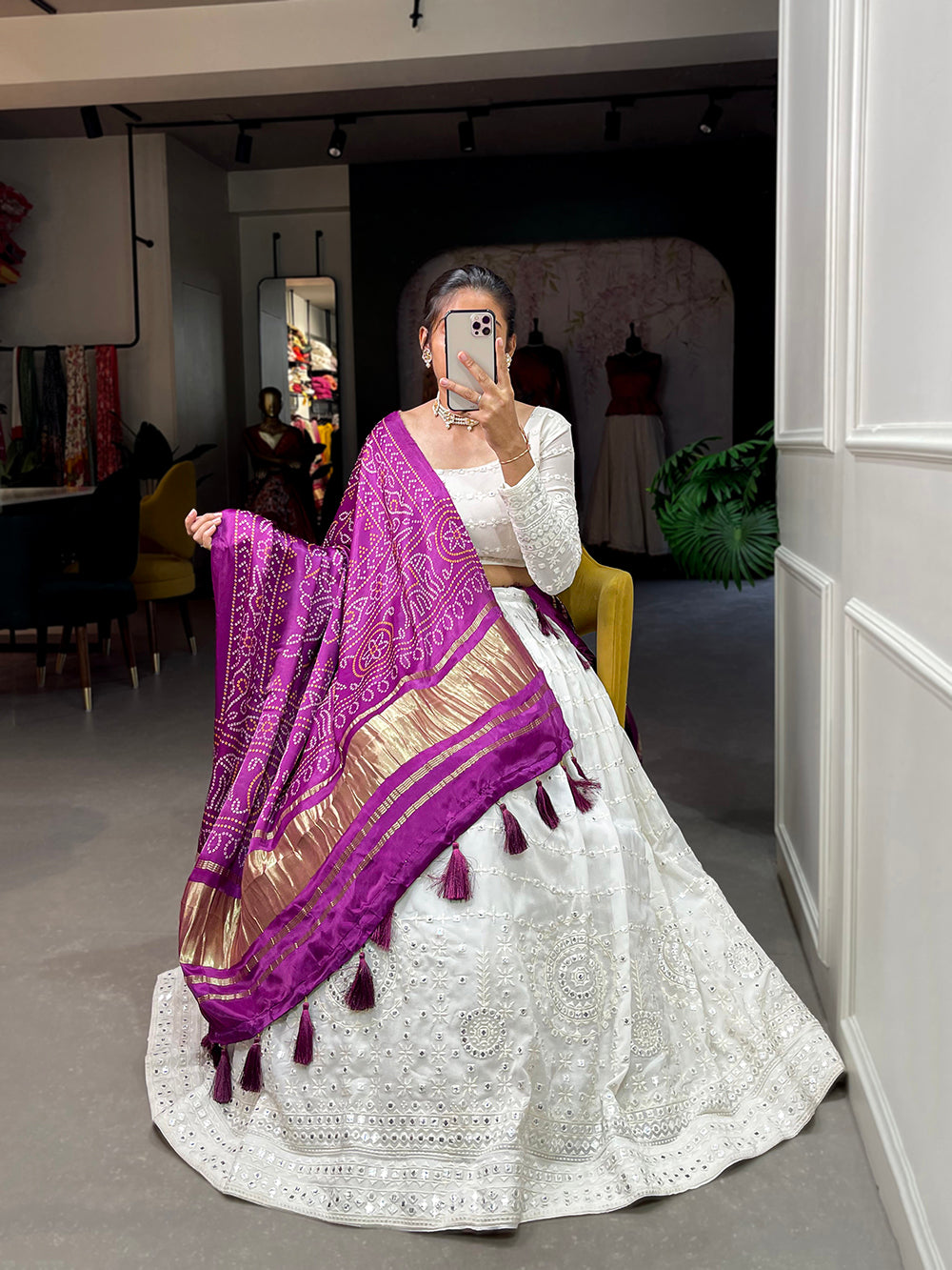 White Color Lucknowi Paper Mirror Work Georgette lehenga Choli